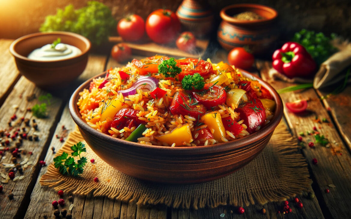 Eine rustikale Schale mit dampfendem Djuvec-Reis, einem würzigen Balkan-Gericht aus Reis, Paprika, Tomaten und Kräutern. Das farbenfrohe Gericht ist mit frischer Petersilie garniert. Im Hintergrund stehen Zutaten wie Paprika, Tomaten und Gewürze sowie eine Schale mit Joghurt-Dip auf einem rustikalen Holztisch.