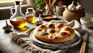 Frisch gebackenes Pfannenbrot mit goldbrauner, leicht angebräunter Kruste, serviert auf einem rustikalen Holzbrett. Die Oberfläche zeigt typische Luftblasen vom Backprozess. Im Hintergrund stehen Flaschen mit Olivenöl, Knoblauchknollen und kleine Schalen mit Gewürzen auf einem Holztisch, was eine warme, mediterrane Atmosphäre vermittelt.