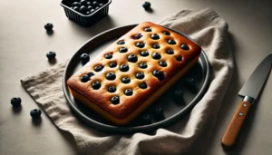 Ein rechteckiger, goldbraun gebackener Topfenkuchen mit frischen Blaubeeren, direkt aus dem Airfryer. Die saftigen Beeren sind gleichmäßig in den luftigen Teig eingebacken. Der Kuchen liegt auf einem dunklen Teller, daneben ein Messer mit Holzgriff. Eine rustikale Leinenserviette und verstreute Blaubeeren sorgen für eine gemütliche Atmosphäre.
